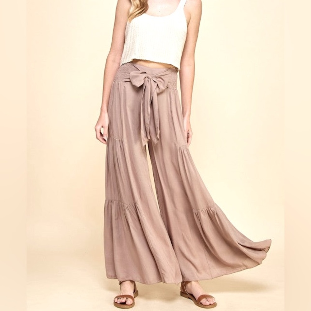 Final Touch Boutique Boho Light Pink Wide Leg Hi Waist Tie Sash Palazzo Pants M